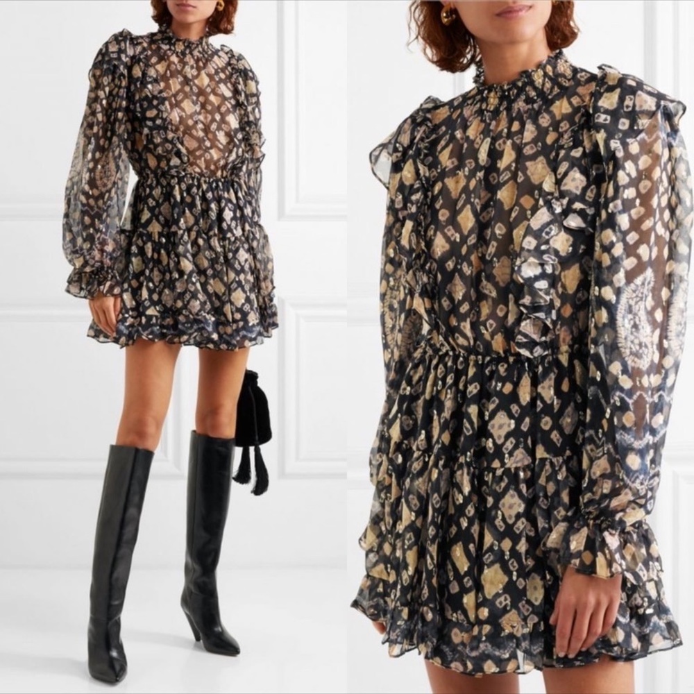 Ulla Johnson Vienne Dress Midnight Ruffle Silk Sz XS/0